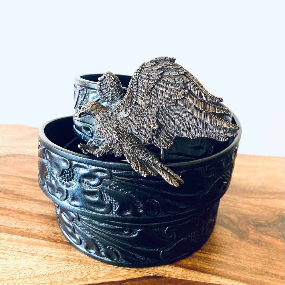 Vintage 🦅 Black Tooled Leather Mens Belt Brass Belt Buckle Eagle Country Western